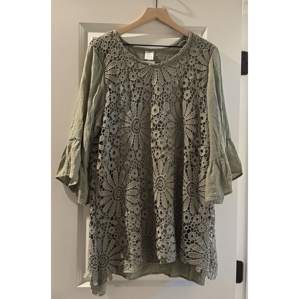 Boho Floral Crochet Lace Tunic Top Sage Green Bell Sleeve Oversized XXL